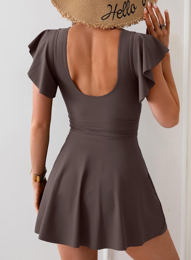 B2prity Women's One Piece Swim Dress Swimsuit Tummy Control Bathing Suit Skirt Ruffle V Neck Split Swimwear Grey Purple - Image 3